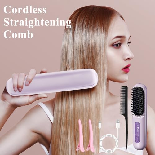 Hasaika® Spazzola Lisciante Per Capelli Senza Fili, Mini Spazzola Lisciante Per Capelli, 140°C-200°C 3 Impostazioni Di Temperatura Con Display A Led, Ideale Per I Viaggi E L'uso Quotidiano (Viola) - 2