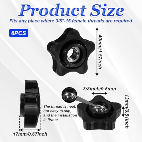 Oruola 6 Stück Sterngriffmutter,Rändelmutter 40mm,5 Sternförmiger Gewindeknauf,9.5mm Öffnung Flügelschraube für Schienenschrauben,Vorrichtungsknöpfe,Sägemaschine,Bohrmaschine