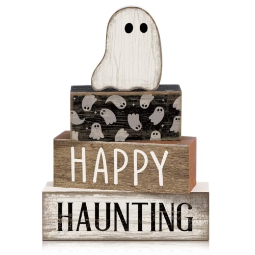Lineshading 4 Pcs Halloween Table Decor for Home, Wooden Ghost Block Sign