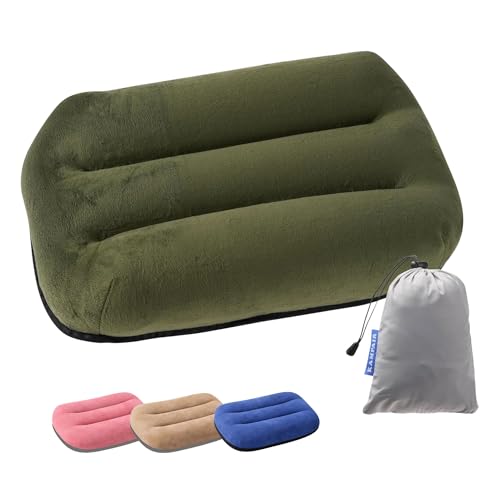 Image of Inflatable Camping Pillow - Ultralight Compact Travel Pillow, Picnic-Green | Beach, Blow Up, Portable, Sleeping Bag Pillow, Backpacking, Soft Velvet Cover, Machine Washable Air Pillow
