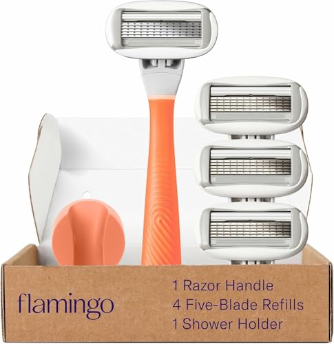 Flamingo Razors for Women, 1 Women's Razor Handle (Papaya), 4 Razor Five-Blade Refills, and 1 Shower Holder