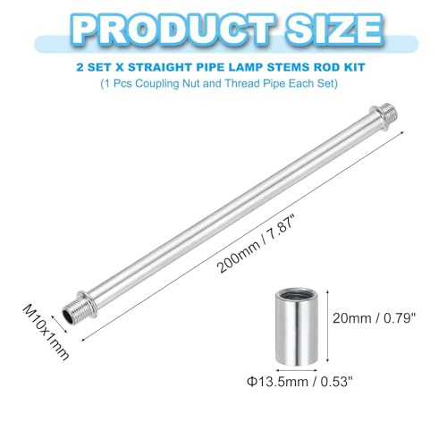 Image of PATIKIL Straight Pipe Lamp Stems Rod Kit, 2 Set M10 Carbon Steel 200mm(7.87 inch) Long Double End Thread Rod with Coupling Nuts Sleeve Connector for Table Lamps Chandeliers,Chrome