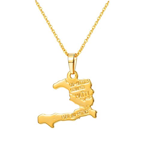 U7 Nation Map Pendant Patriotism Jewelry 18K Gold Plated Necklace Pendant with Adjustable Rolo Chain (Haiti)