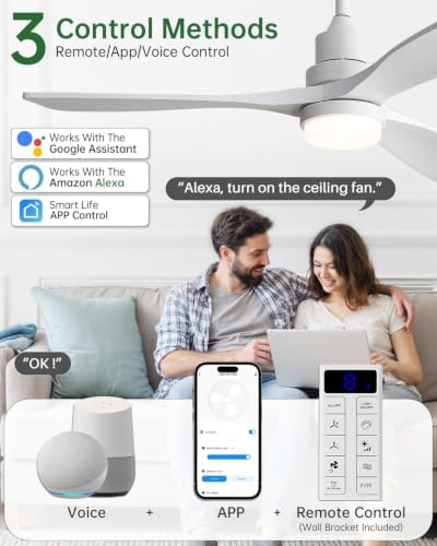 Image of Sofucor 52 Inch Smart Ceiling Fans with Lights, Modern 3 Wood Blade, White
