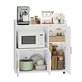 YU YUSING Meuble Micro Ondes à roulettes 90x40x96.5cm, Desserte de Cuisine avec Plan de Travail   Chariot Rangement, Îlot Central avec Portes et Étagère Réglable, Meuble Bas Salle à Manger, Blanc