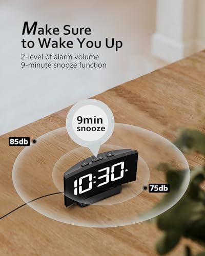 GOLOZA Digital Alarm Clock for Bedroom, Digital Clock with Modern Curved Design, Conspicuous LED Numbers, 5 Levels Brightness+Off,2 Volume, 3 Alarm Tones, Snooze, Power-Off Memory - Thumbnail 5