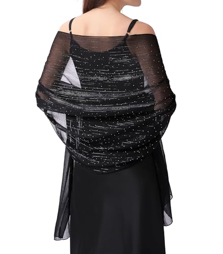 Shawl Wraps for Women, Chiffon Rhinestones sparkly Silver Wire Shawls, Lightweight Formal Wedding Dress shawl