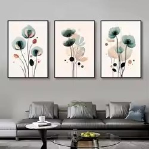 Peinture sur toile fleurs vertes impression d'art triptyque de qualité supérieure 60x80 cm