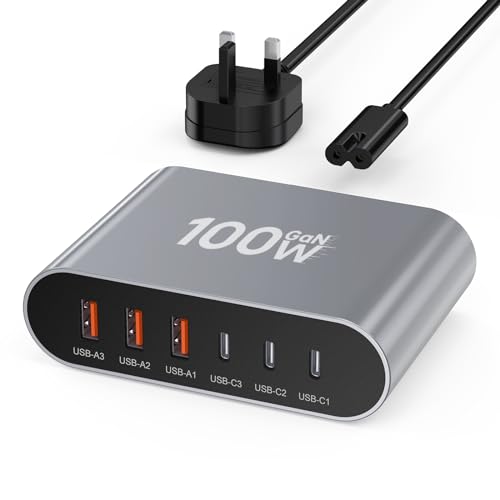USB C Charging Hub, 100W GaN 6 Port Type USB C Charging Station, USB C Wall Charger Power Strip Adapter Plug 3 USB C 3 USB A Charger for iPhone 15 14 13 12 11, iPad, Pixel Note Galaxy - Grey