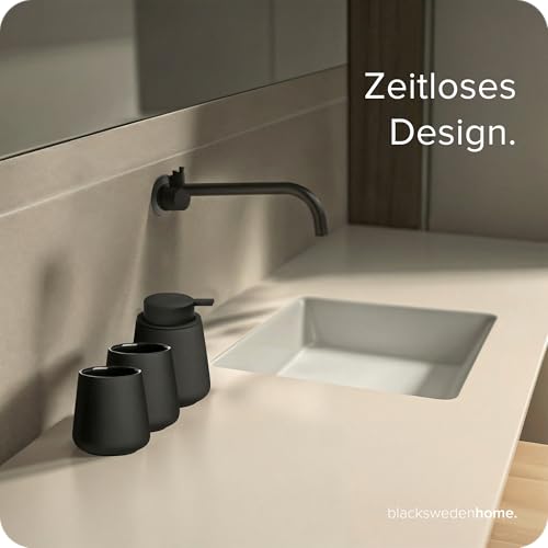 blackswedenhome. Badezimmer Set Schwarz - Hochwertiges Keramik Set - Seifenspender schwarzs, Zahnputzbecher, Toilettenbürste - Nordic Design, Badaccessoires matt, Seifenspender Bad