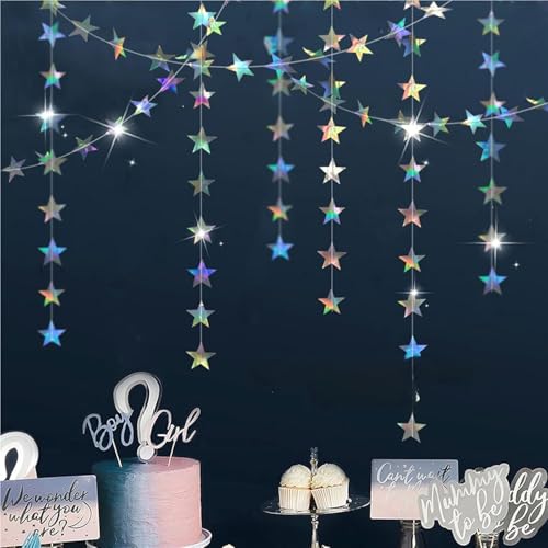 Image of 4-Pack Star Garland, Iridescent Star Garland Banner, 52 Feet Twinkle Twinkle Little Star Decorations for Christmas,4 inchx13ft Each,Holiday Party Hanging Decor,Birthday Decorations,Graduation Decorations