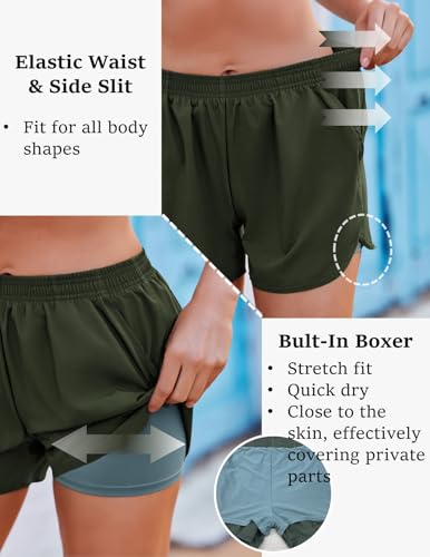 Ekouaer Damen Badeshorts Badehose Boxer Liner Hoch Taille Schwimmhose Boardshorts mit Taschen Sportshorts Olivgrün L