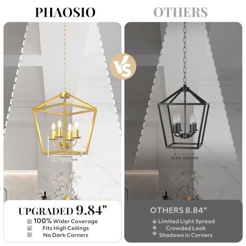 Image of 4 Light Gold Chandelier, Industrial Farmhouse Lantern Cage Ceiling Light, Adjustable Height Rustic Geometric Hanging Light for Kitchen Island, Dining Room, Entryway, Hall, Sloped Ceiling