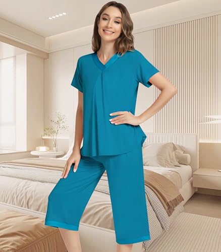 Image of NACHILA Bamboo Viscose Capri Pajamas for Women Cooling Short Sleeve Pjs | 2 Piece Summer Sleepwear with Pockets, Soft Loungewear, Moisture-Wicking Lounge Set, Lace Trim, V Neck, Drawstring