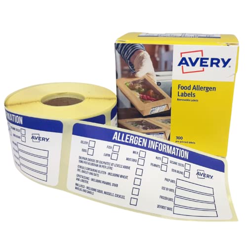 Avery Allergen Labels for Food Packaging – 300 Removable Stickers with Dispenser Box for Takeaways, Bakeries, Restaurants, Meal Prep & Catering – Pre-Printed for UK Food Safety Compliance (ALL9840)