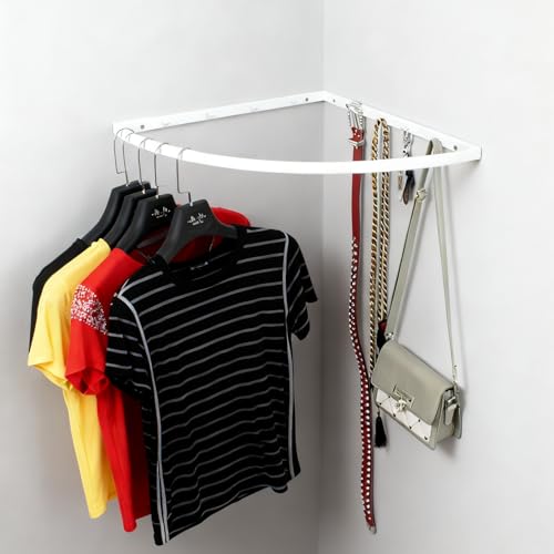 突っ張り棒 衣類用アイアンコーナーハンギングラック、 狭いスペースに最適な90度カーブクローゼットロッド、 壁掛け式衣類オーガナイザー コートオーガナイザーハンガー(White,50x50cm (19 5/8x19 5/8"))