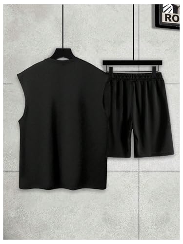 WDIRARA Men's Graphic Letter Print Tracksuits 2 Piece Outfits Sleeveless Tank Tops Drawstring Shorts Set2