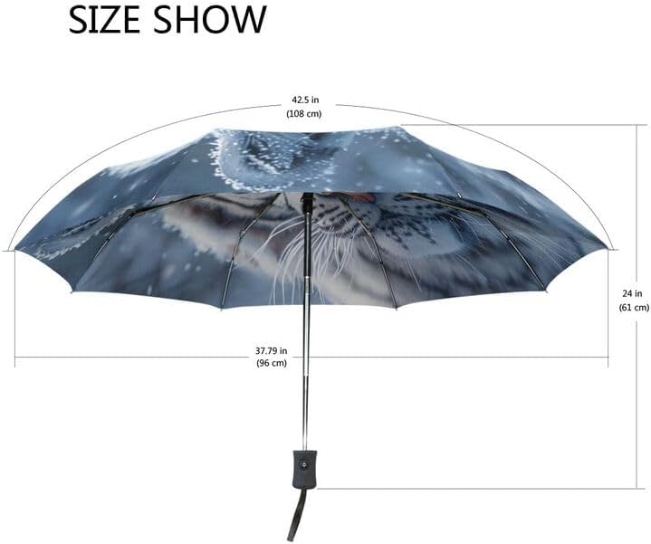 Compact Travel Umbrella White Tiger Windproof Folding Automatic Umbrella,One Touch Auto Open and Close Button Portable Light Umbrella for Women Men Kid