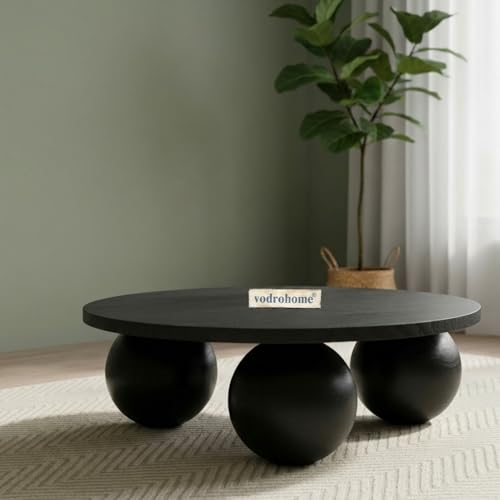 Image of Solid Mango Wood Modern - Round Coffee Table with Ball Shape Base - Bohemian Solid Wood Coffee Table for Office and Living Room C#058 (Black)