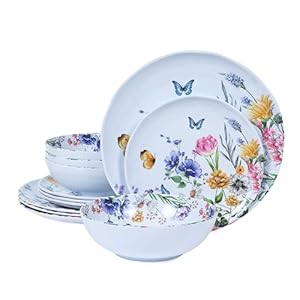 12 Piece Melamine Dinnerware Sets – Plates And Bowls Sets Floral Dinnerware Sets- Spring Camping Dishs Indoor Outdoor Use,Flowers And Butterflies Pattern