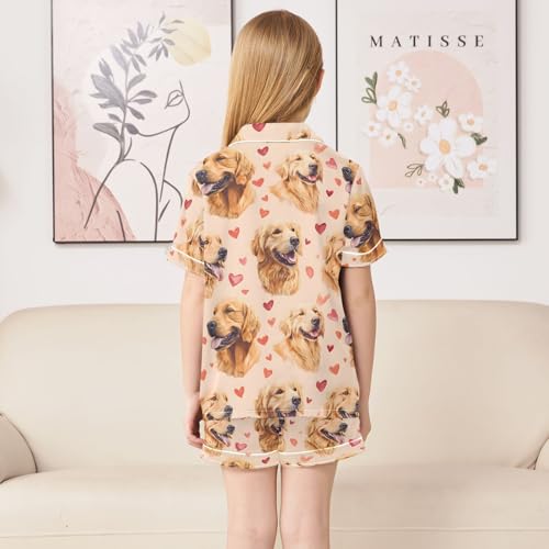 Golden Hair Love Pattern Summer Satin Pajama Set, Cute Button-Down Sleepwear Pj Set for Sleep Wears4