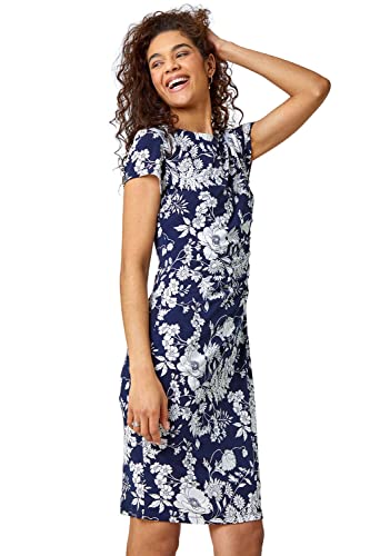 Roman Originals Ruched Waist Dress for Women UK Ladies Side Pleat Winter Autumn Textured Fitted Shift Pencil Smart Lined Fitted Stretchy Jersey Work Knee Length Round Neck - Navy Pearl - Size 12