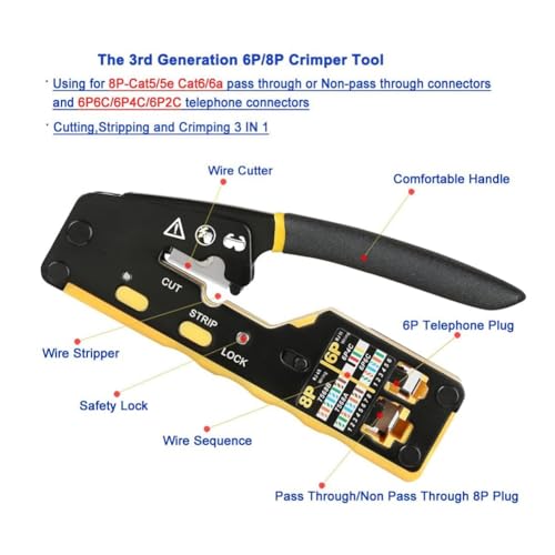 Herramienta de engarzado RJ45 con estructura de acero templado para cables Cat5e y Cat6 6