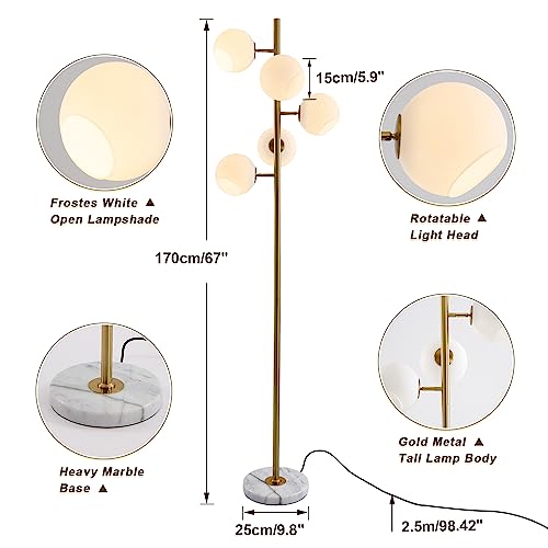 Image of BOKT Gold Mid Century Modern Floor Lamp 5-Lights Glass Globe Floor Lamp Antique Brass Floor Lamps Contemporary Tall Free Standing Reading Lamp for Bedroom Living Room
