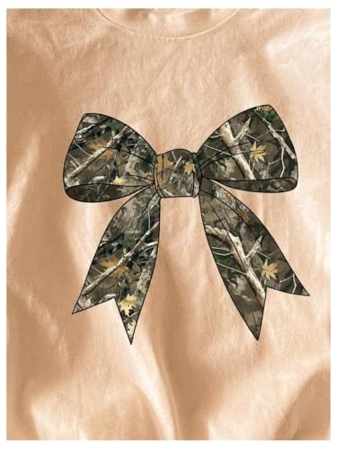 Image of SHENHE Girl's Graphic Bow Tshirt Crew Neck Short Sleeve Camo Print Loose Fit Tee Top