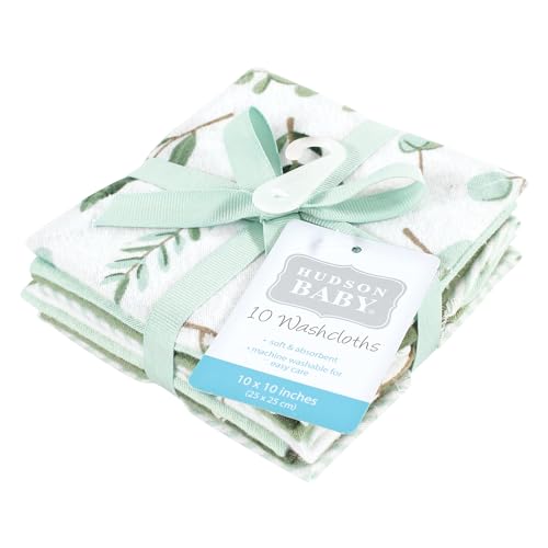Image of Hudson Baby Unisex Baby Flannel Cotton Poly Washcloths, Eucalyptus 10Pk, One Size