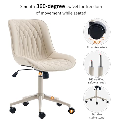 Image of YOUNIKE Faux Leather Office Desk Chair Comfy Vanity Chair Armless Cream | Ergonomic Upholstered Rocking Back, Swivel with Wheels, Height Adjustable, Modern Task Chair For Computer Sewing Drafting