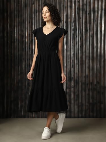Image of High Star Women Cotton Solid Regular fit V-Neck Sleeveless Dresses