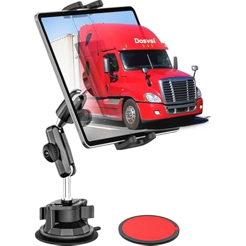 Dosvsi Car Tablet Holder Windshield, Metal Adjustable Arms Dashboard Tablet Mount for Truck, Strong Suction Cup Vehicle Dash Clamp for iPad Pro 12.9 Mini Air, Galaxy Tab/Z Fold, iPhone, 4-13" Device Cover