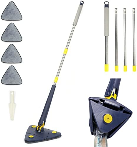 Rotatable Adjustable Cleaning Mop, 85 Inch LongHandle 360° Triangle Baseboard Wall Cleaner with Extension Pole 40" to 85", 4 Washable Pads, Wet Dry Shower Scrubber for Ceiling/Wall/DustClean