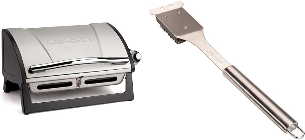 Cuisinart Grillster Portable Gas Grill, Stainless Steel Compact BBQ Grill with Locking Lid for Easy Transport, 8000 BTU Propane Grill with Dishwasher Safe Cooking Grate, Small Grill for Camping & BBQ