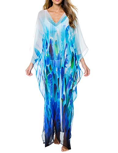 Bsubseach Damen Blue Leaf Print Chiffon Beach Langes Kleid Loose Batwing...