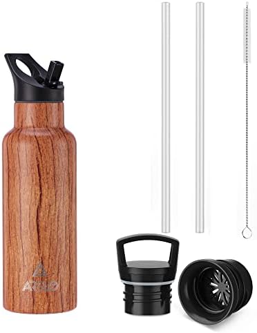 Arslo Insulated Stainless Steel Water Bottles, Double Wall Water Bottle With Straw, Vacuum Insulated Bottle Keep Cold 24 Hours, Wood Grain