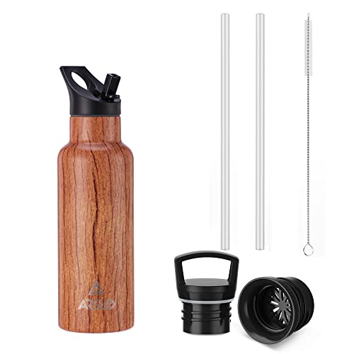 Arslo Insulated Stainless Steel Water Bottles, Double Wall Water Bottle With Straw, Vacuum Insulated Bottle Keep Cold 24 Hours, Wood Grain #TOP3