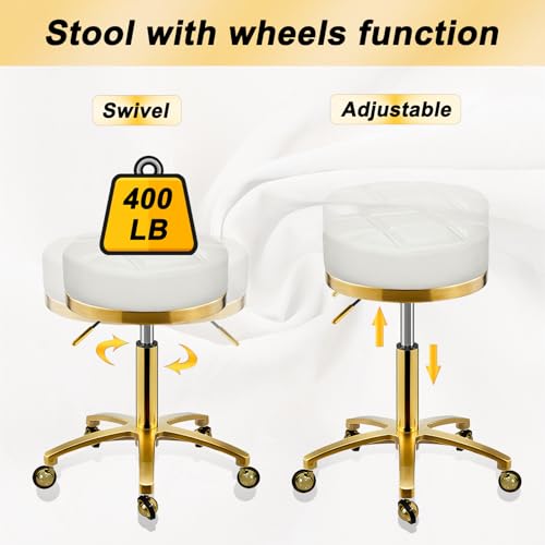 XCRFKGW Gold Rolling Vanity Stool with Wheels, Salon Spa Tattoo Massage Pedicure Chair, PU Leather Roller Chair, 43-55cm Height Adjustable Office Work Swivel Stool (White, Without Back) by XCRFKGW - Image 5