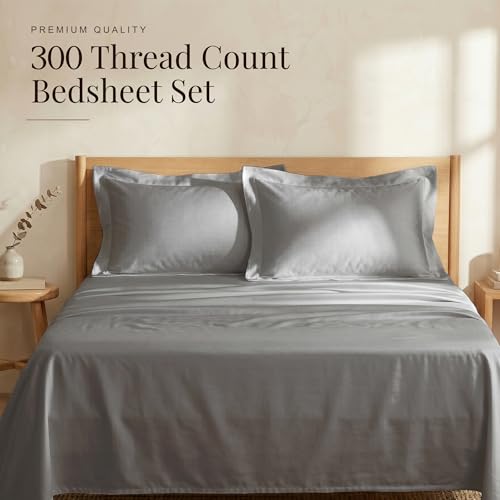 Image of Huesland 300 TC Premium 100% Pure Cotton Luxe Soft Touch King Size Bedsheet Cotton with 2 Pillow Covers | Steel Grey | 108 x 108 Inches