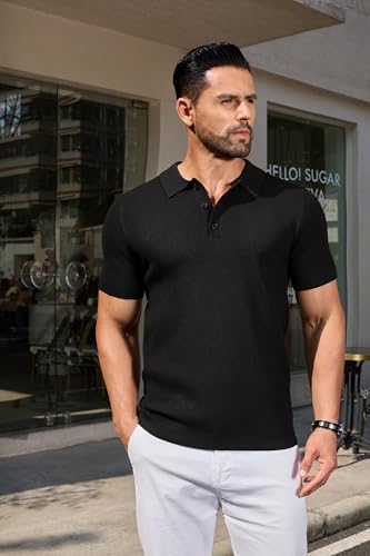 COOFANDY Mens Slim Fit Knit Polo Shirts Business Lightweight Polo Sweater Casual Summer Ribbed Textured Collared T Shirt2