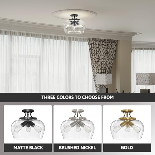 VONLUCE Semi Flush Mount Ceiling Light, 13.8" Ceiling Light Fixture with Clear Glass Shade, E26 Base, 3-Bulb Industrial Lighting Fixture for Hallway Entryway Bedroom, Matte Black, ETL Certificated by VONLUCE - Image 8