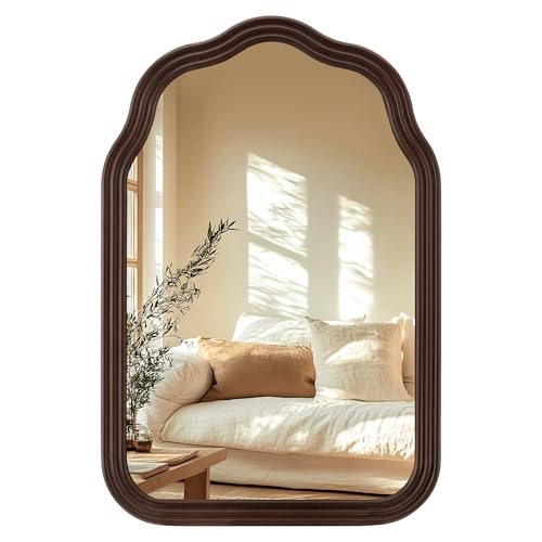 Tanmicoshomy Rustic Wood Bathroom Mirror 20x30 Inch, Natural Wooden Framed Arched Mirrors with Shatterproof Glass for Living Room, Bedroom or Entryway(Dark Brown)