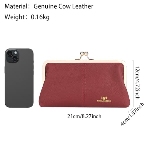Image of Royal Bagger RFID Kiss Lock Wallet, Solid Color Multi-card Slots Card Holder, Genuine Cow Leather Clutch Purses for Women 1468 (Red)