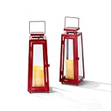 Red Outdoor Solar Lanterns - 11 Inch, Set of 2, Metal & Glass, Waterproof Flameless Pillar Candle, Dusk to Dawn Timer, Flickering LED Light, Rustic Vintage Patio