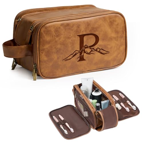 Janhavi Travel Essentials Toiletries Men, Personalized Initials & Mountain, Waterproof Make Up Bag, Men's Accessories Storage, Mens Travel Bag Toiletry, Birthday Gift Box for Men (Brown P) by Janhavi - Used condition - US$7.36