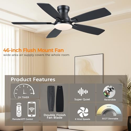 Image of JSAITEE Ceiling Fans with Lights Flush Mount - 46 inch Low Profile Ceiling Fan with 5 Dual-Sided Blades and 6 Speeds 3CCT Dimmable, Modern Indoor Fan Light Fixtures for Bedroom, Kitchen, Black