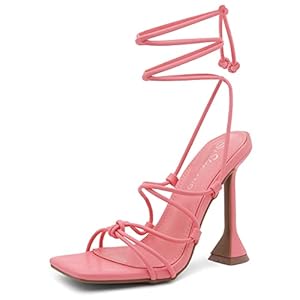 Shoe Land SL-Melody Womens Lace Up Heels Dressy Strappy Heels Square Open Toe Tie Up Stiletto High Heeled Sandals Black White Gold Fuchsia Red Heels for Prom Party