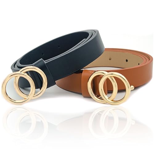 2 Pack Women Leather Belt Waist Belts For Jeans Dress womens leather O Ring belt