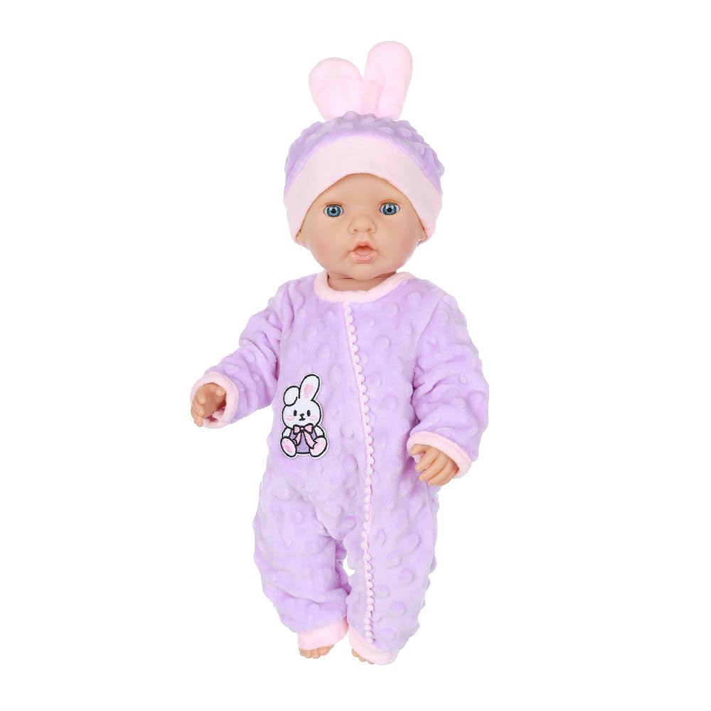 DUORUIMI Winter Doll Clothes Plush Pajamas Bodysuit for American Girl Doll 16/18 inch with Hat, Purple, 16-18 inch - Image 2